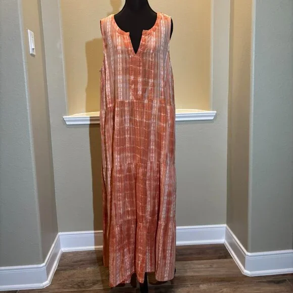 🧡 J.Jill Ibiza Tiered Orange Tie Dye Maxi Sleeveless Sun Dress XL - Picture 2 of 9